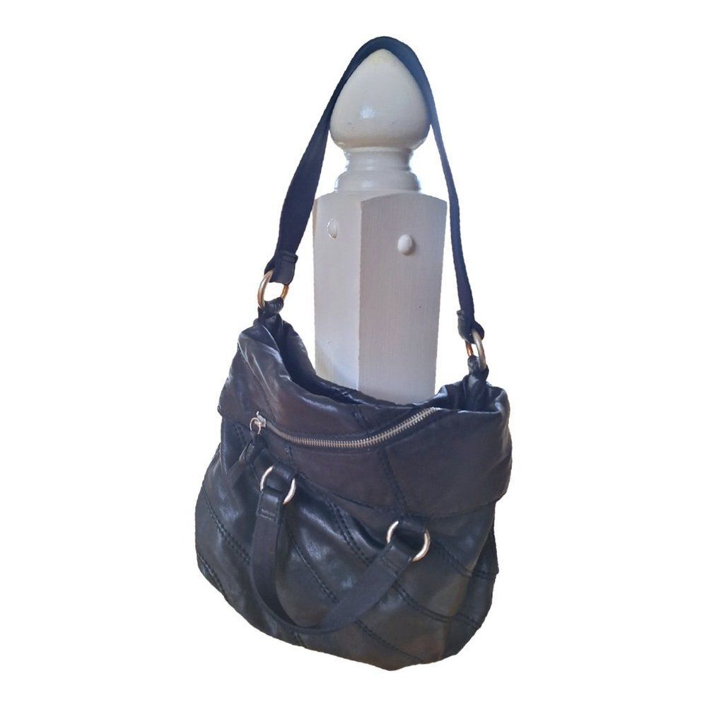 Lucky Brand Bandit Italian Leather Black Shoulder Bag Moto Convertible Satchel